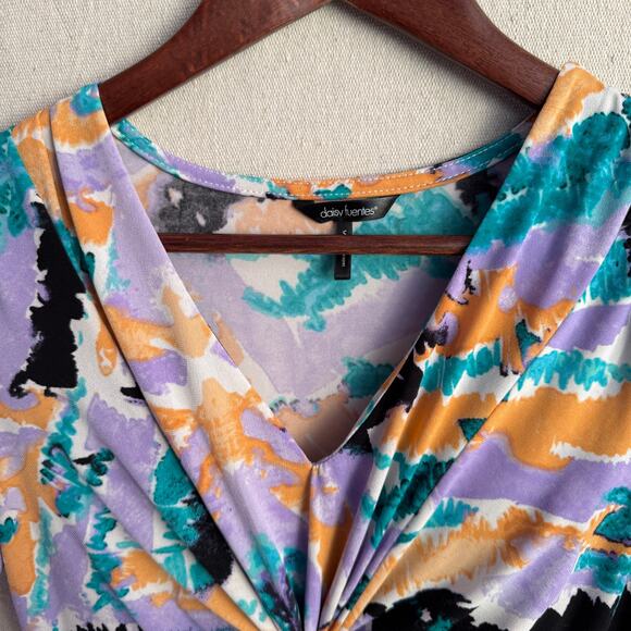 Daisy Fuentes Blouse Size S Multicolor Abstract Paint Print V-Neck Short Sleeve - Picture 3 of 11